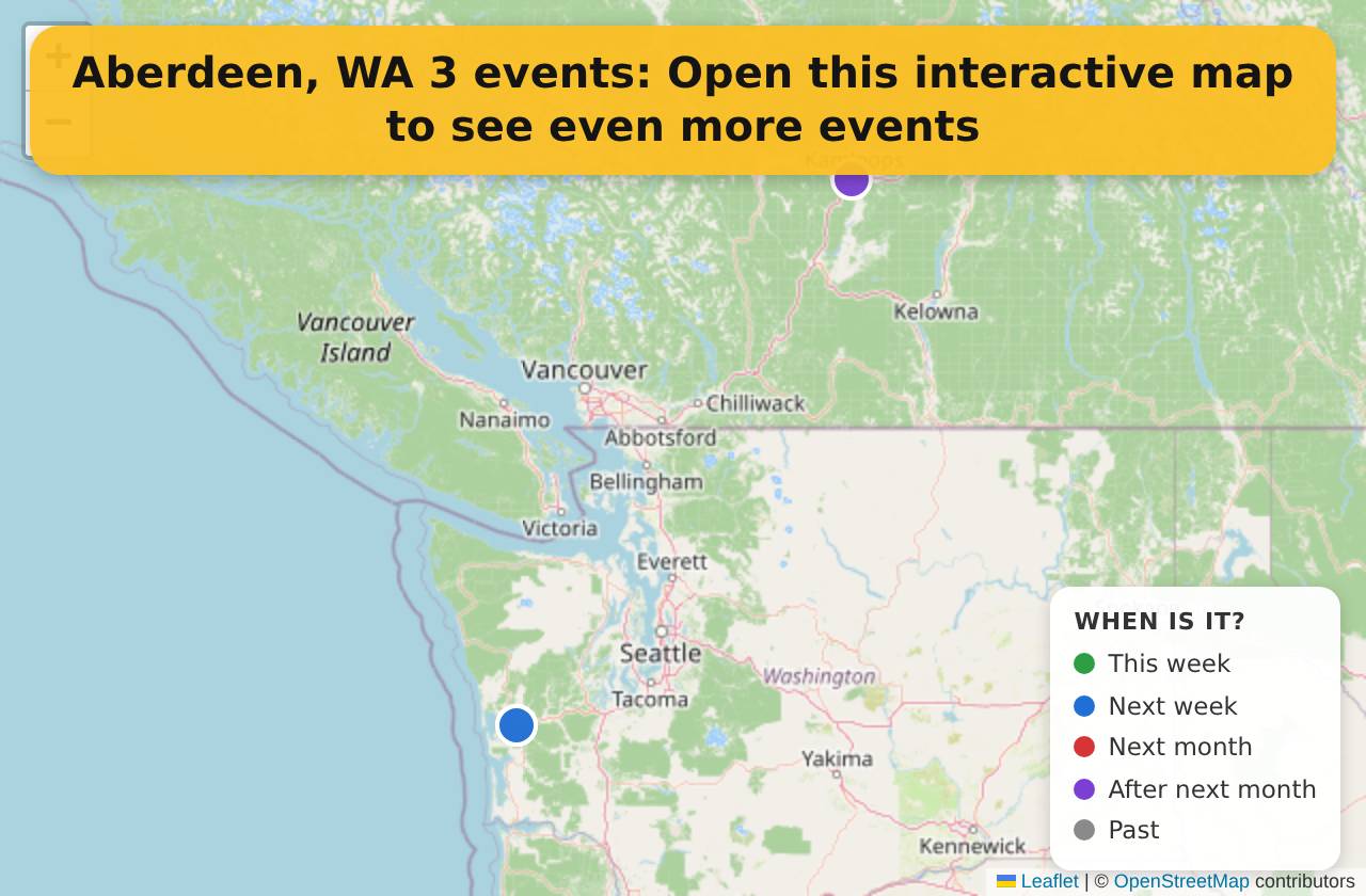 Map of events in Aberdeen, WA on the interactive EVENTULIST map