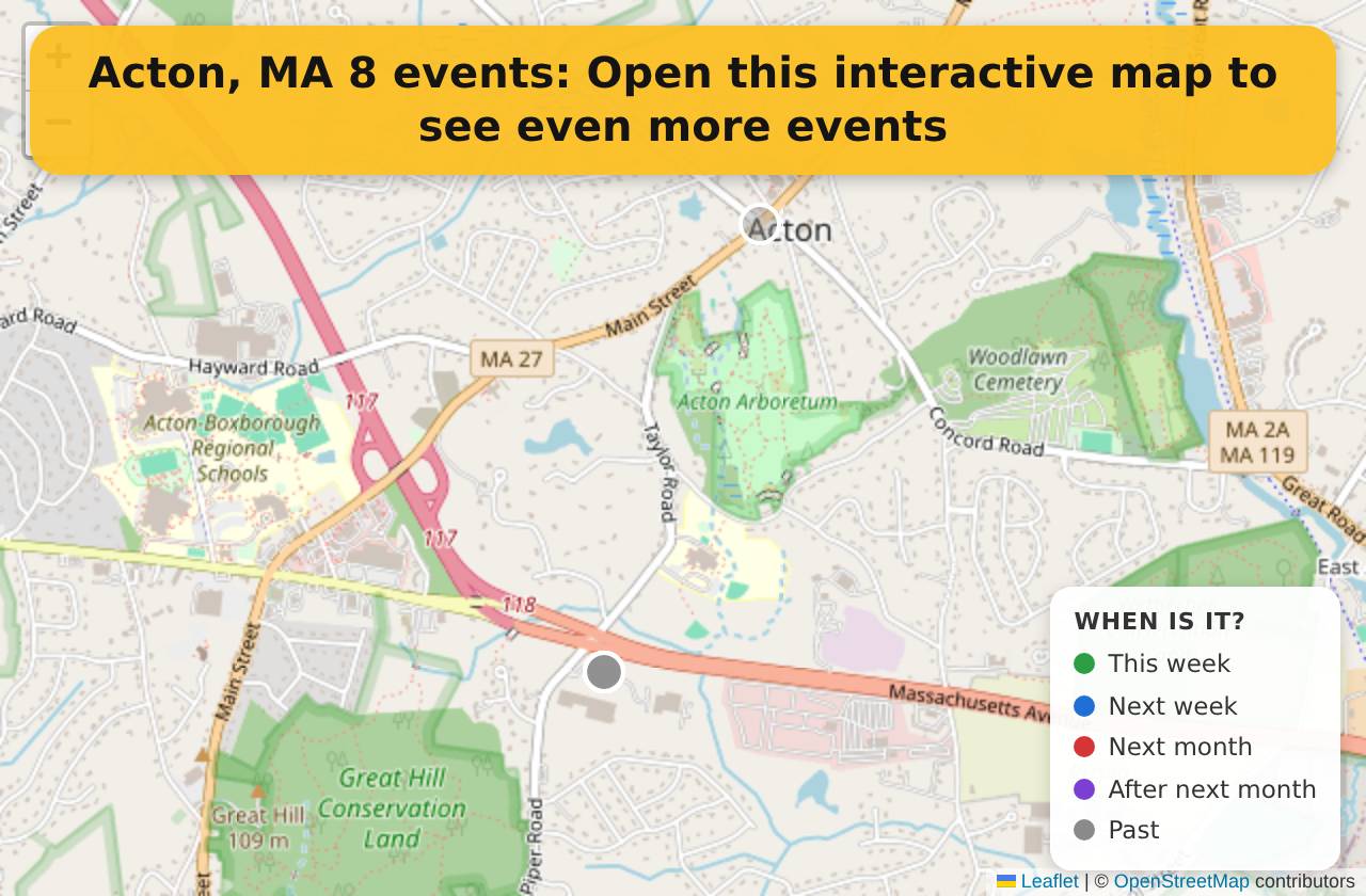 Map of events in Acton, MA on the interactive EVENTULIST map