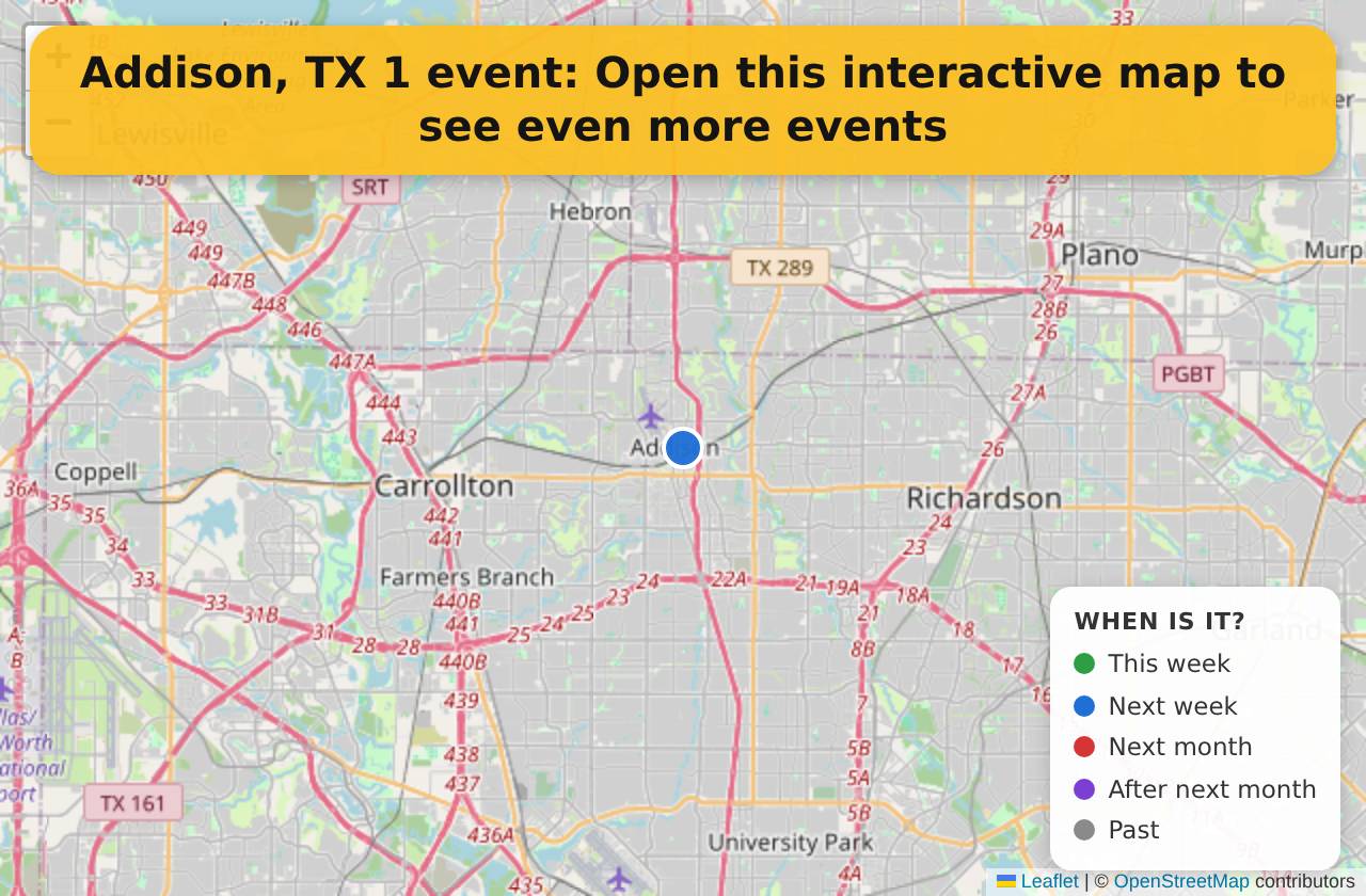 Map of events in Addison, TX on the interactive EVENTULIST map