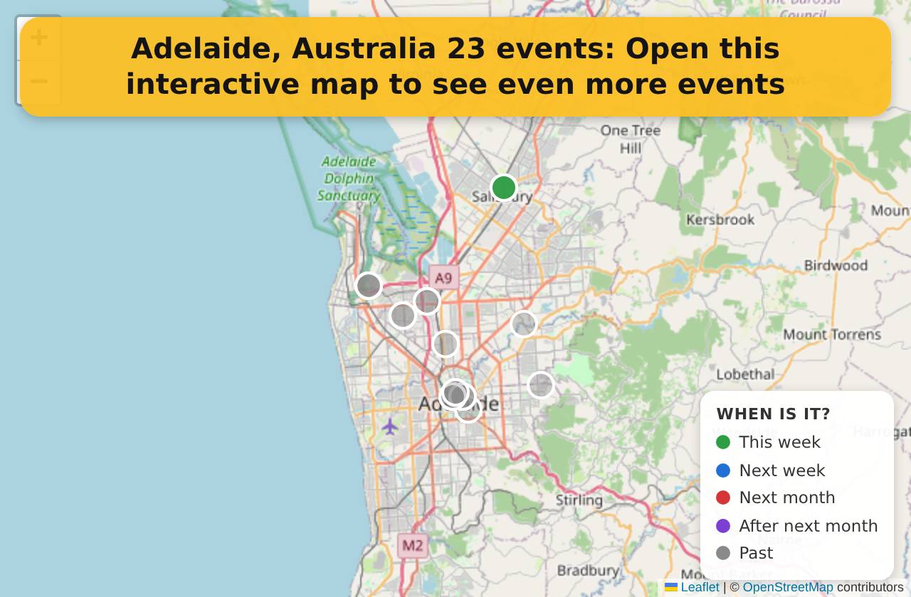 Map of events in Adelaide, Australia on the interactive EVENTULIST map