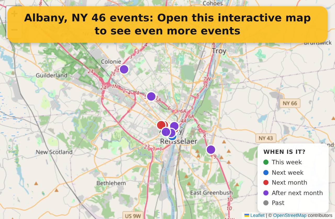 Map of events in Albany, NY on the interactive EVENTULIST map