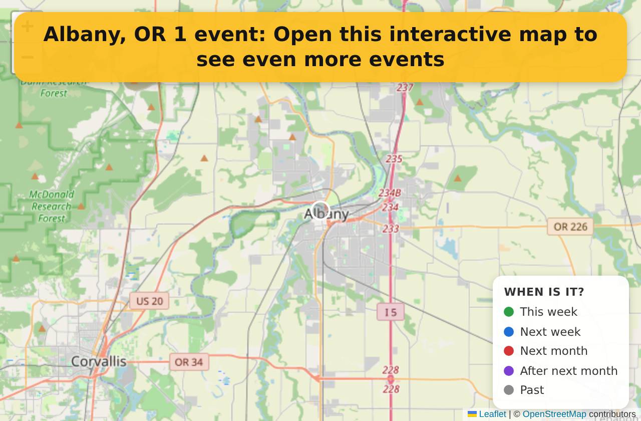 Map of events in Albany, OR on the interactive EVENTULIST map