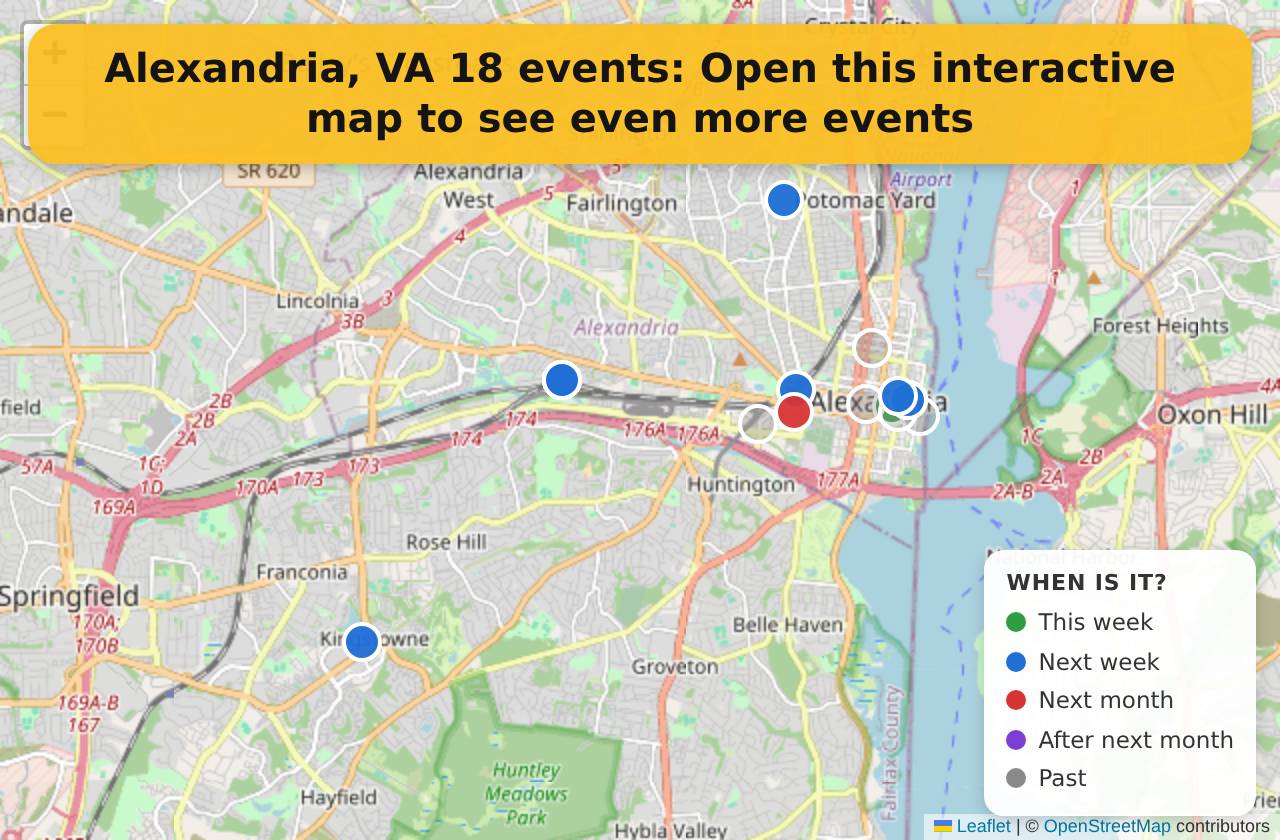 Map of events in Alexandria, VA on the interactive EVENTULIST map