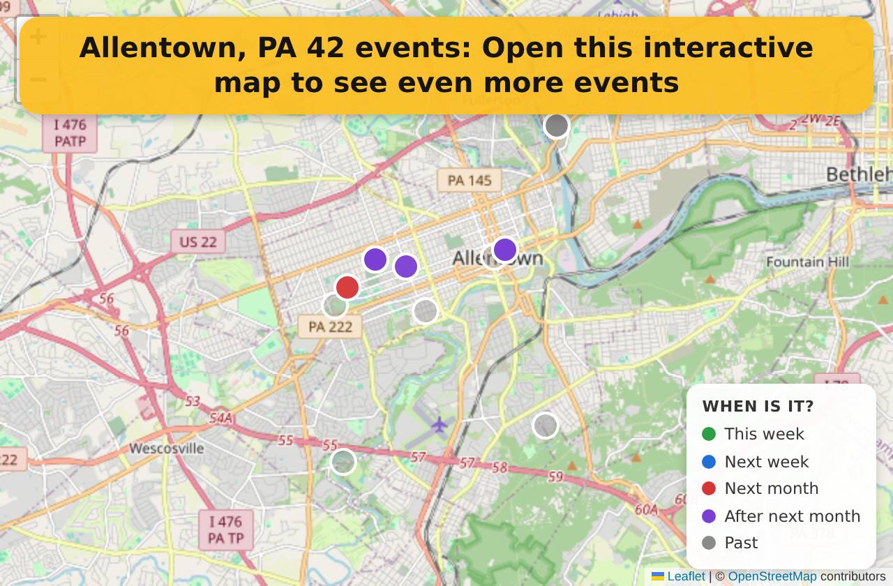 Map of events in Allentown, PA on the interactive EVENTULIST map
