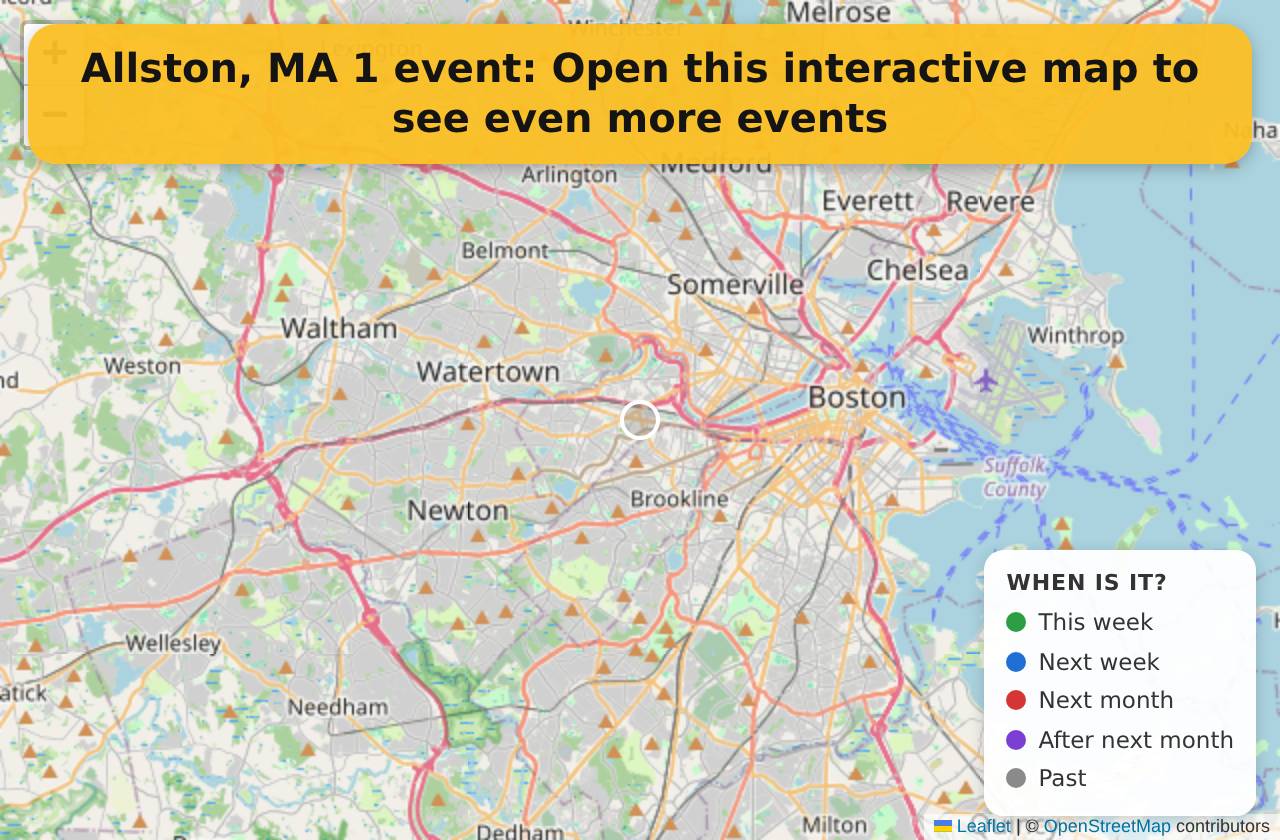 Map of events in Allston, MA on the interactive EVENTULIST map