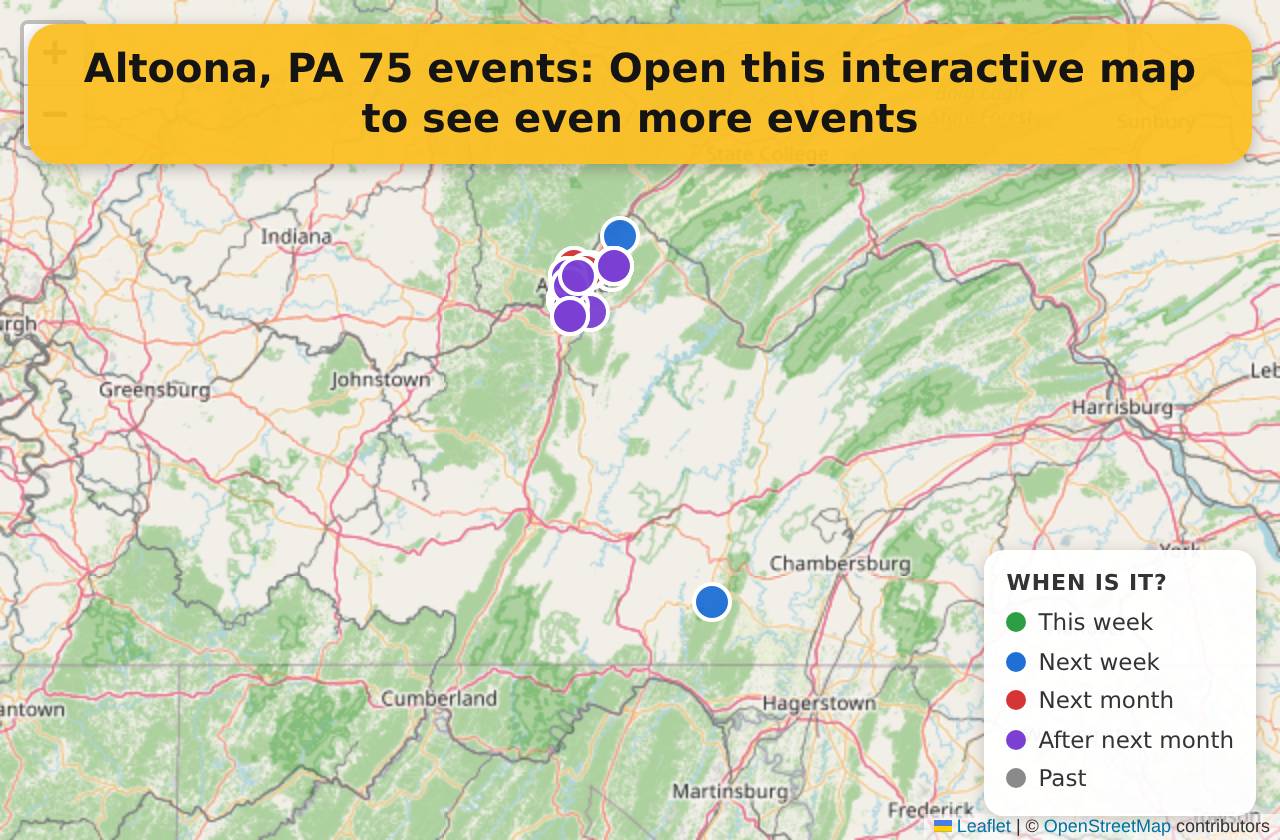 Map of events in Altoona, PA on the interactive EVENTULIST map