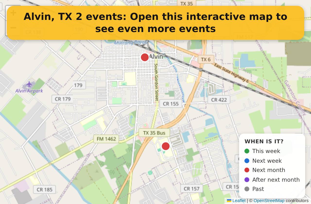 Map of events in Alvin, TX on the interactive EVENTULIST map