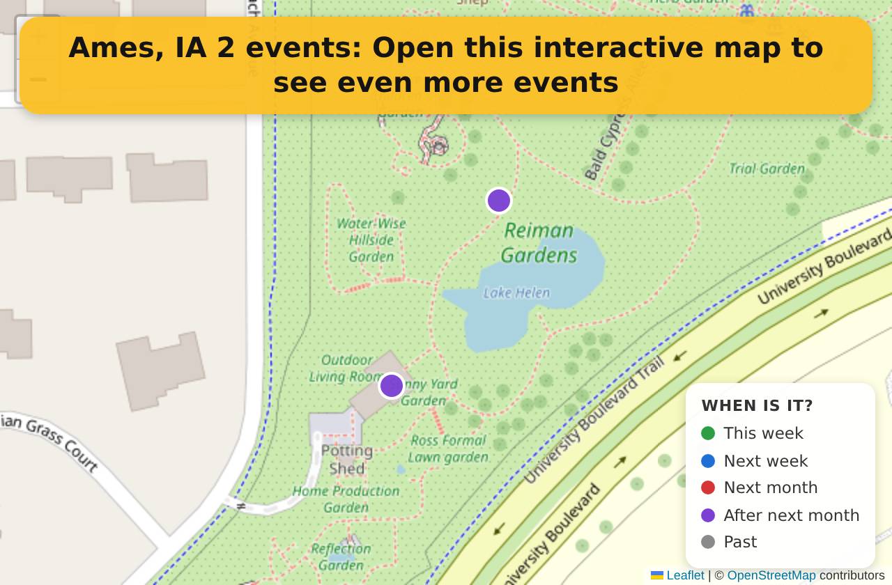 Map of events in Ames, IA on the interactive EVENTULIST map