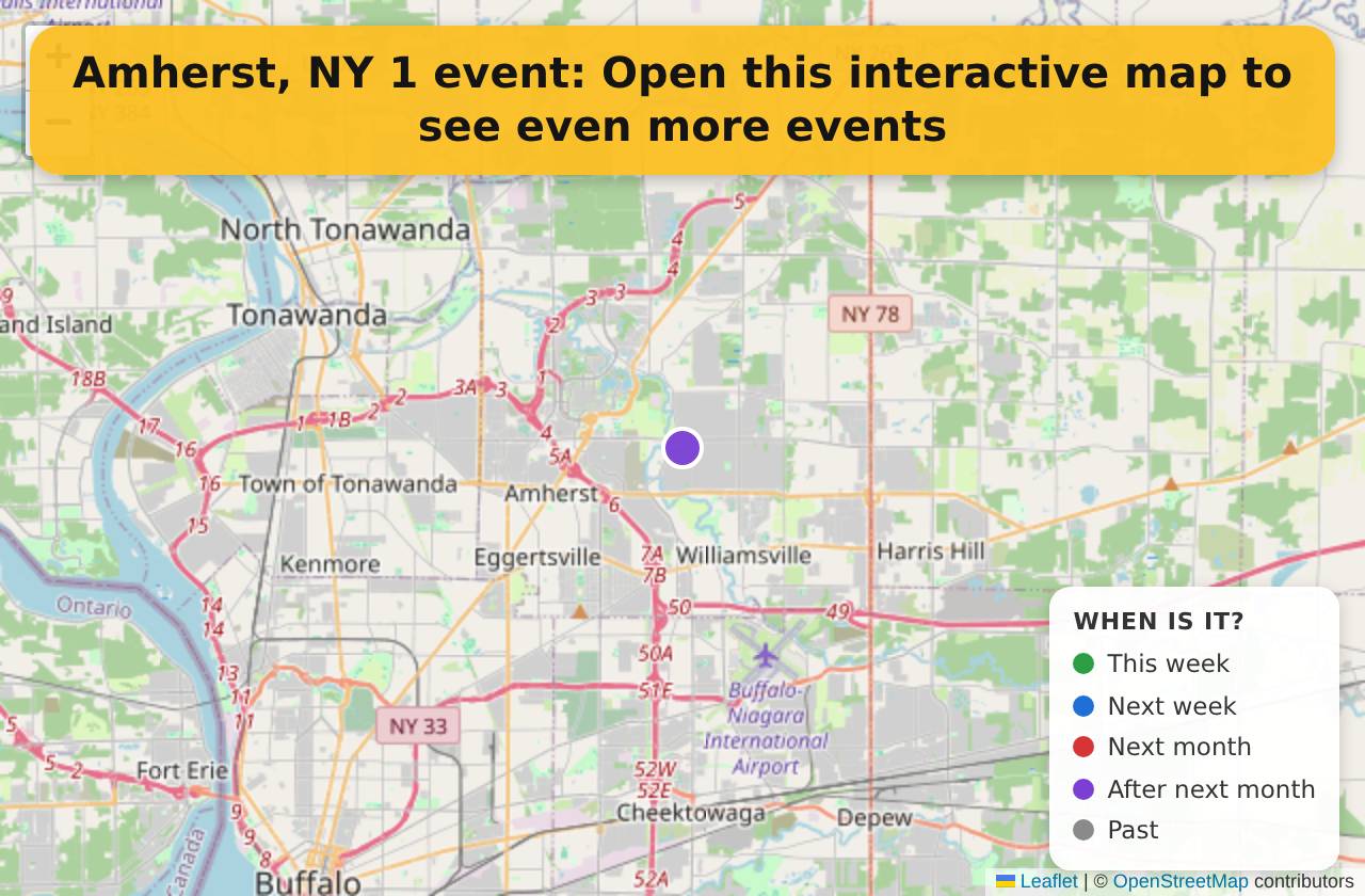 Map of events in Amherst, NY on the interactive EVENTULIST map