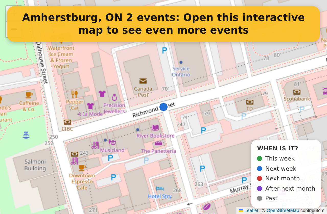 Map of events in Amherstburg, ON on the interactive EVENTULIST map