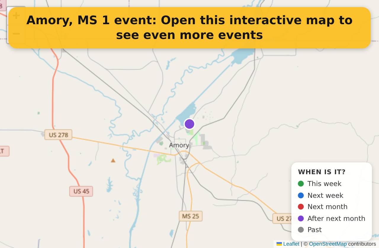 Map of events in Amory, MS on the interactive EVENTULIST map
