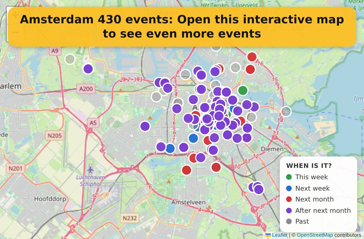 Map of events in Amsterdam on the interactive EVENTULIST map