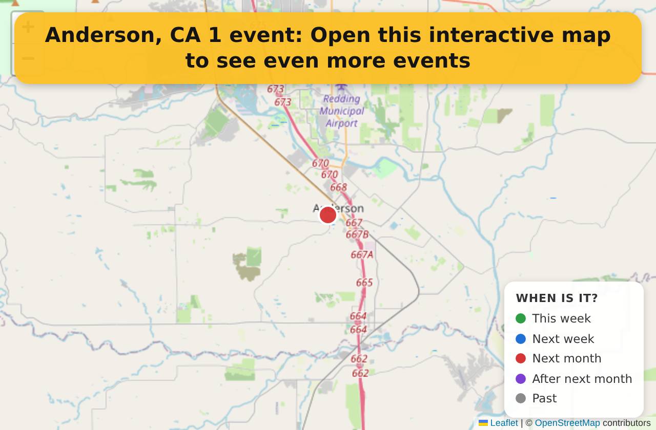 Map of events in Anderson, CA on the interactive EVENTULIST map