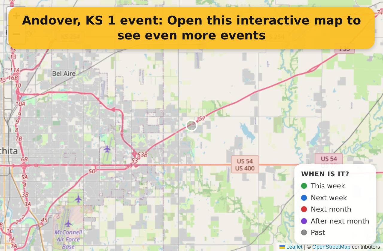 Map of events in Andover, KS on the interactive EVENTULIST map