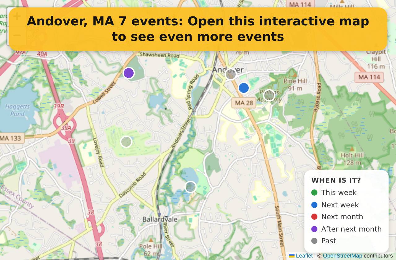 Map of events in Andover, MA on the interactive EVENTULIST map