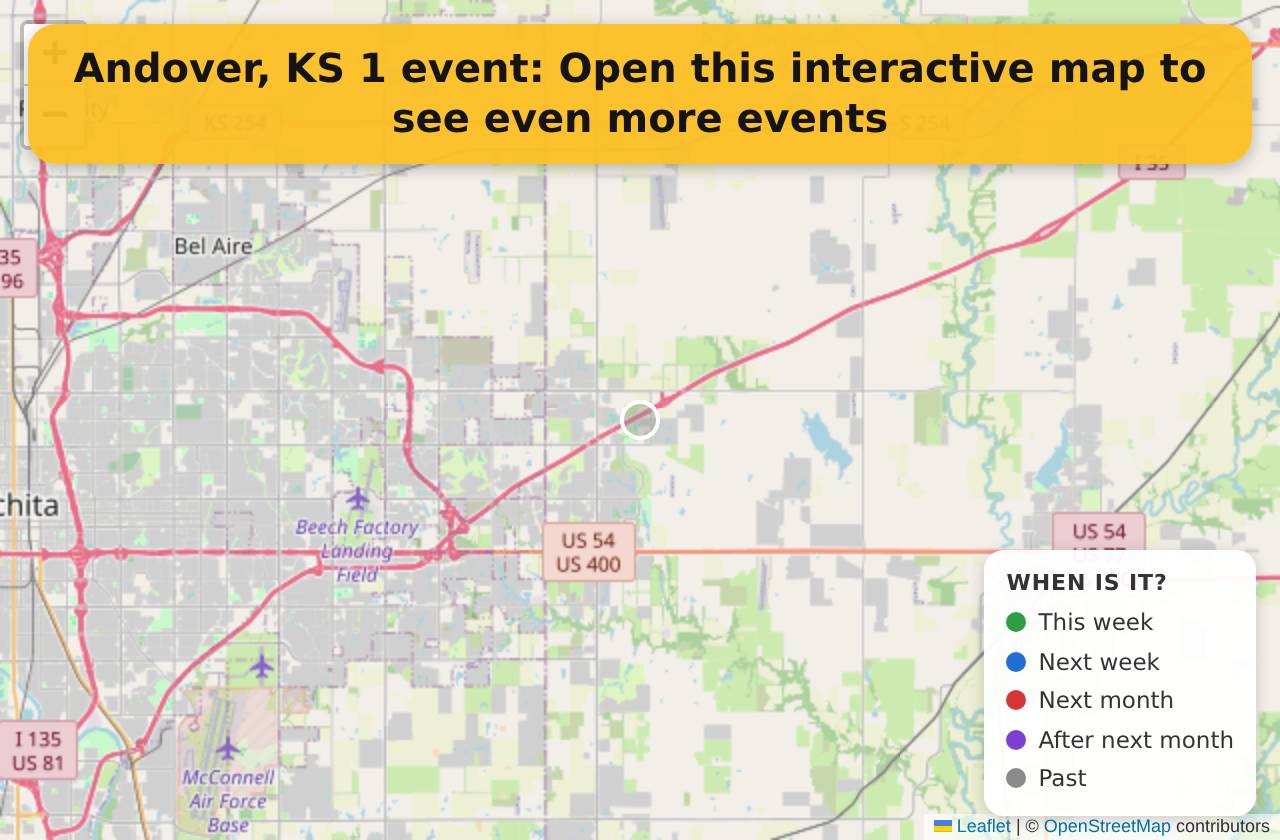 Map of events in Andover, KS on the interactive EVENTULIST map