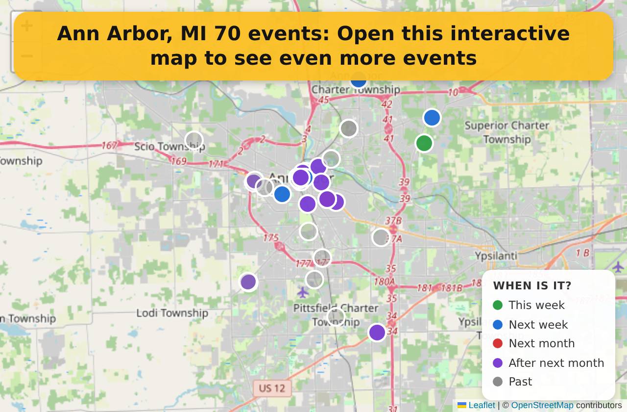 Map of events in Ann Arbor, MI on the interactive EVENTULIST map