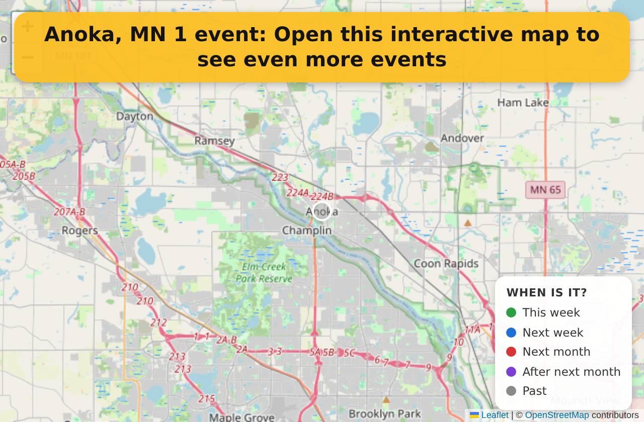 Map of events in Anoka, MN on the interactive EVENTULIST map