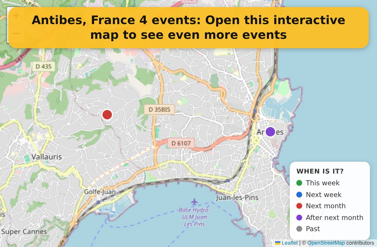 Map of events in Antibes, France on the interactive EVENTULIST map