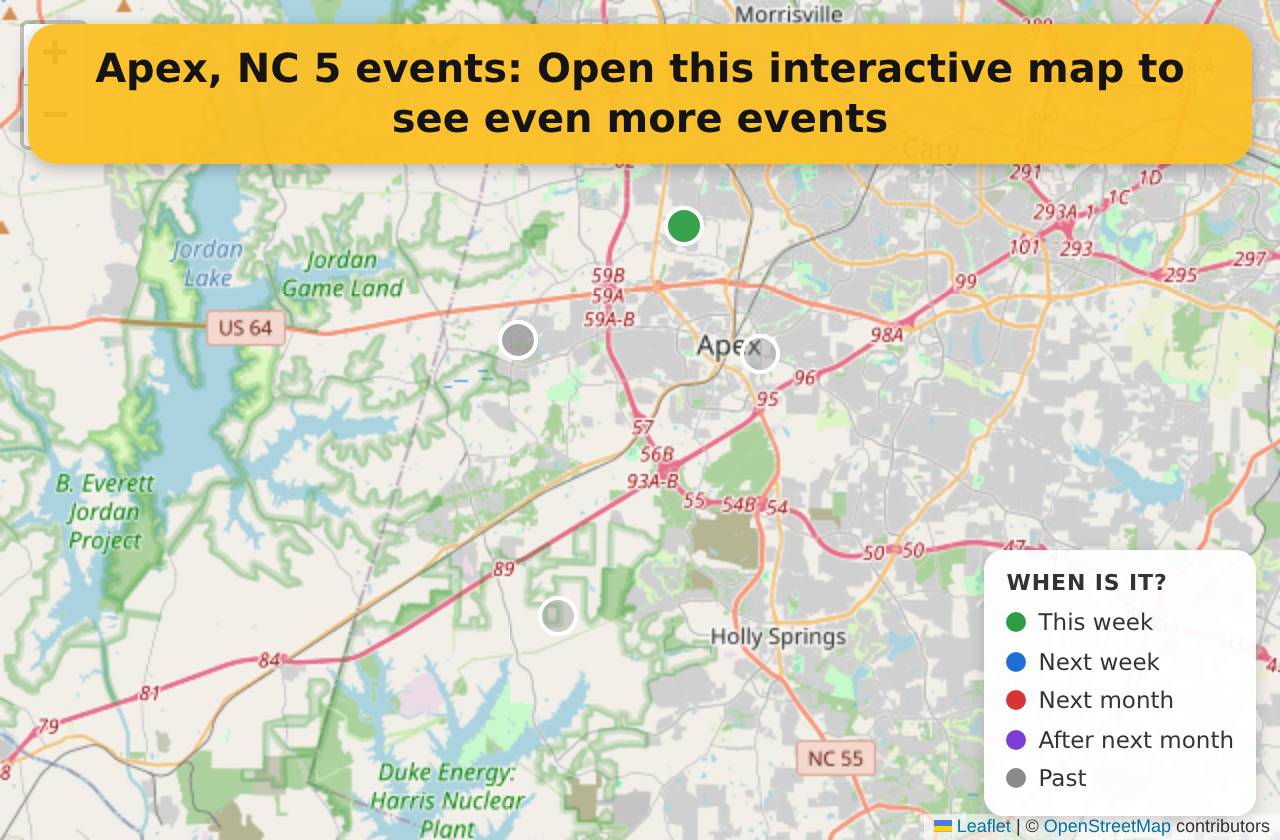 Map of events in Apex, NC on the interactive EVENTULIST map