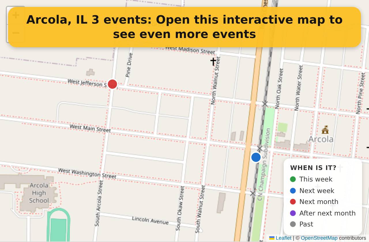 Map of events in Arcola, IL on the interactive EVENTULIST map