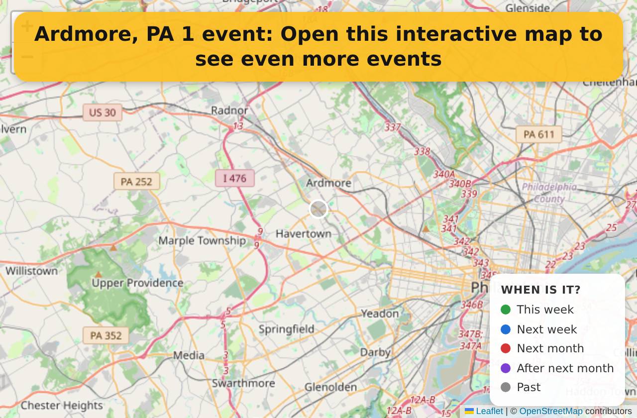 Map of events in Ardmore, PA on the interactive EVENTULIST map