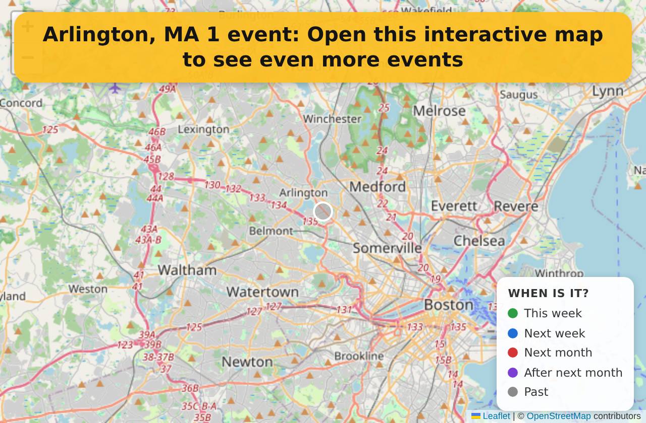 Map of events in Arlington, MA on the interactive EVENTULIST map
