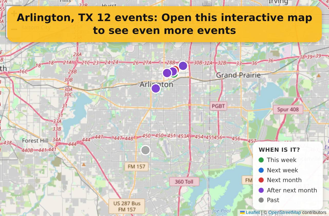 Map of events in Arlington, TX on the interactive EVENTULIST map