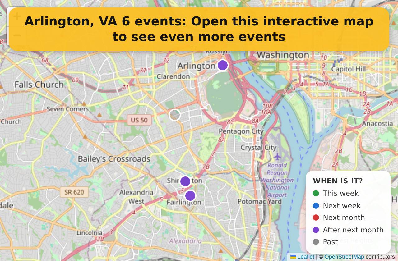 Map of events in Arlington, VA on the interactive EVENTULIST map