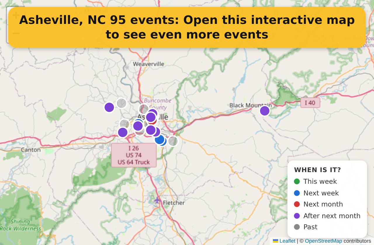 Map of events in Asheville, NC on the interactive EVENTULIST map