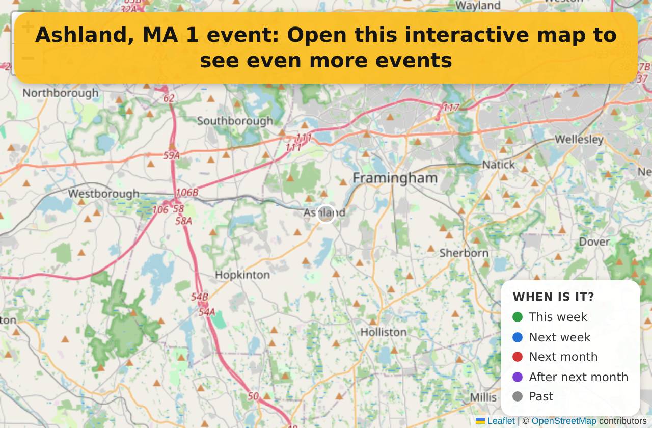 Map of events in Ashland, MA on the interactive EVENTULIST map