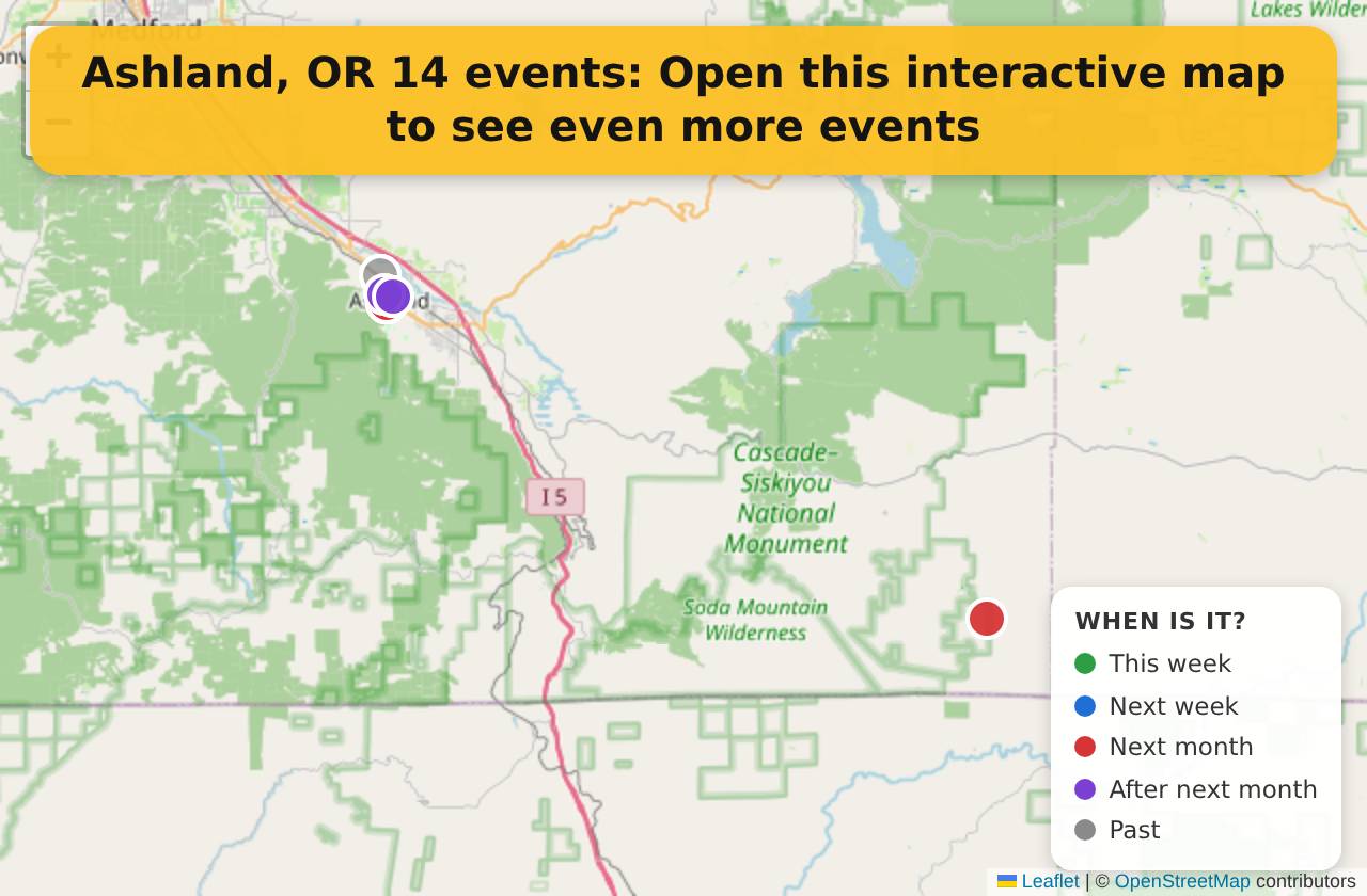 Map of events in Ashland, OR on the interactive EVENTULIST map