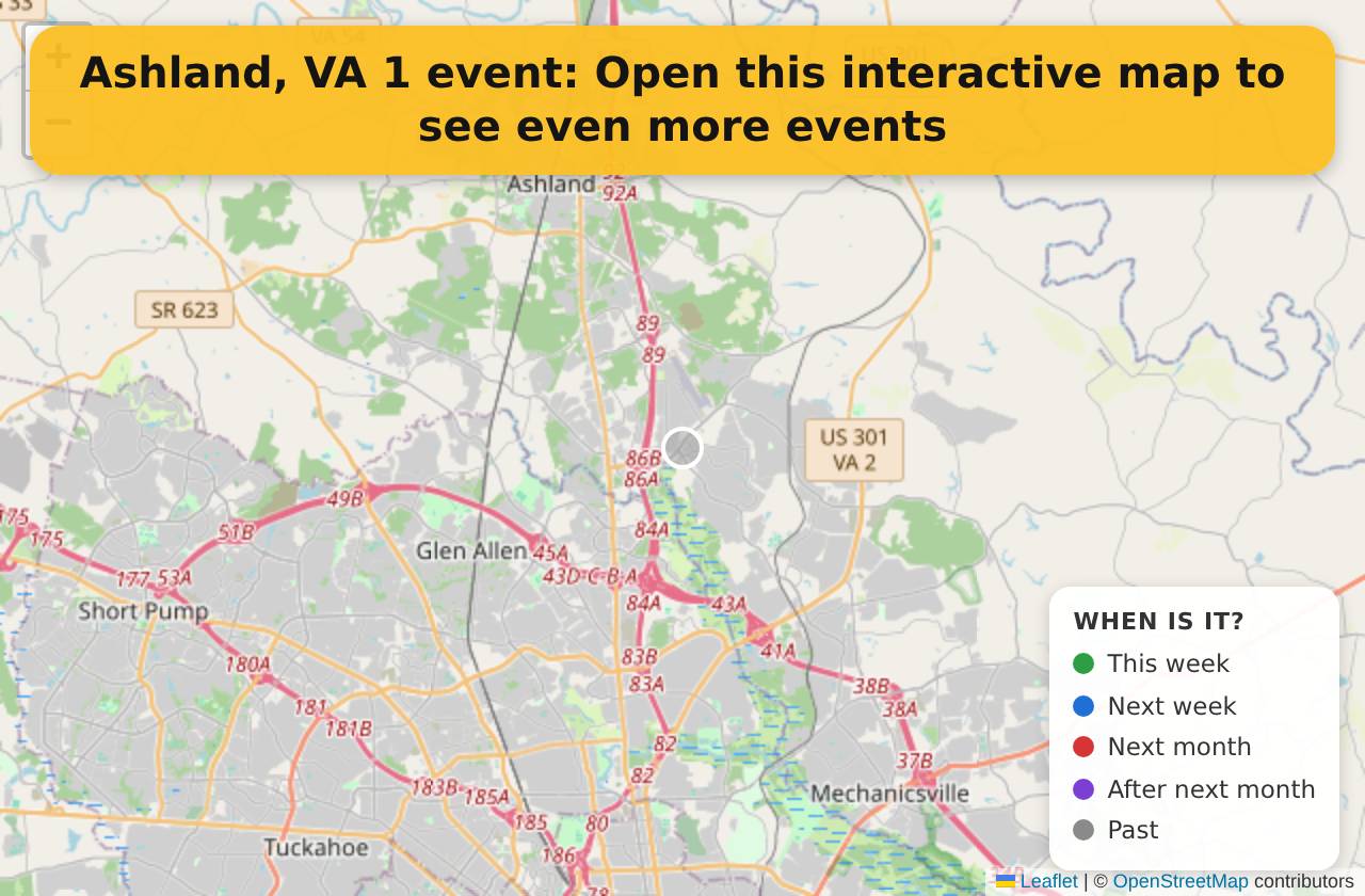 Map of events in Ashland, VA on the interactive EVENTULIST map
