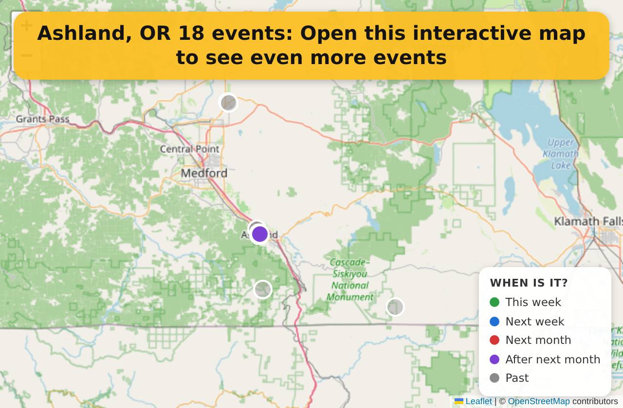 Map of events in Ashland, OR on the interactive EVENTULIST map