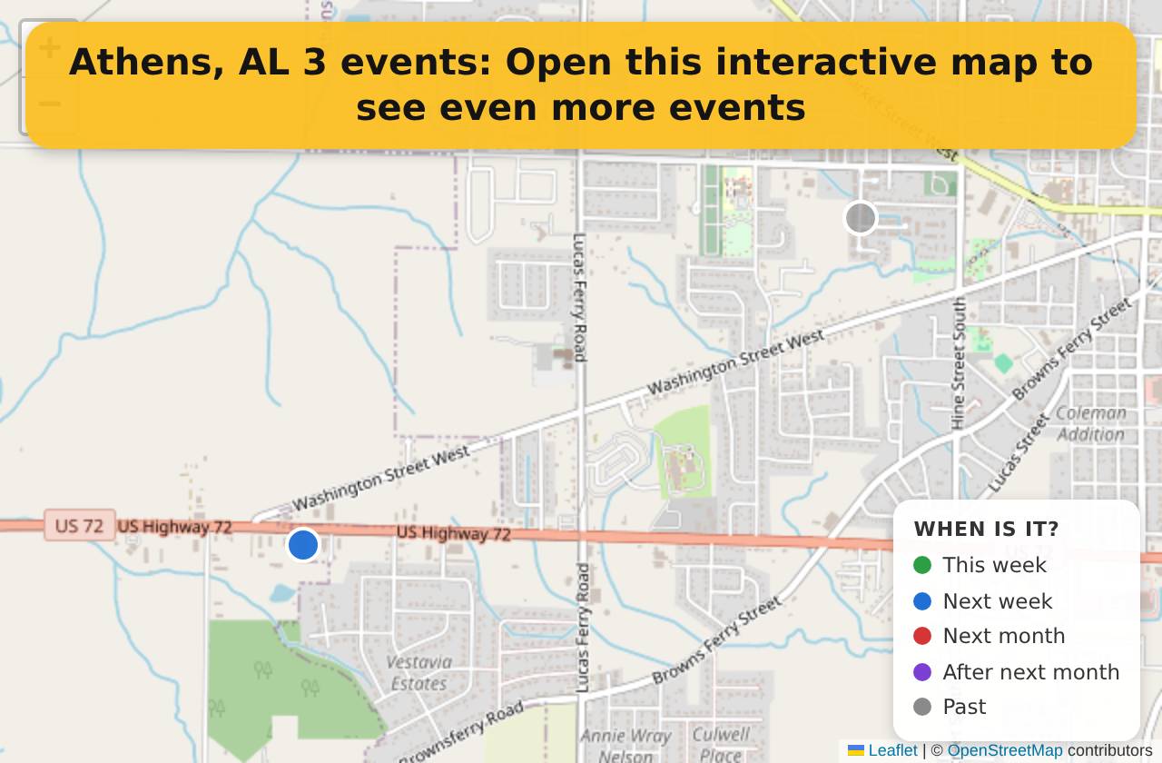 Map of events in Athens, AL on the interactive EVENTULIST map