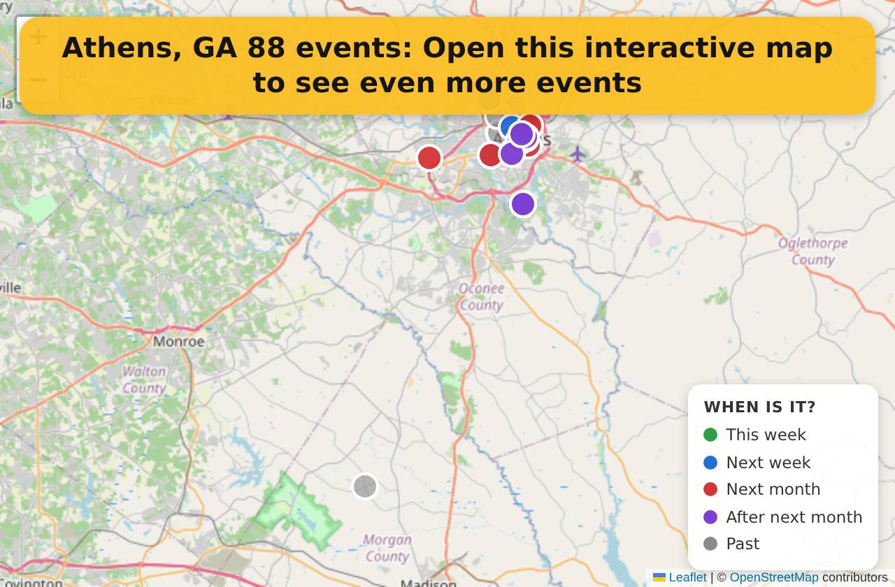 Map of events in Athens, GA on the interactive EVENTULIST map