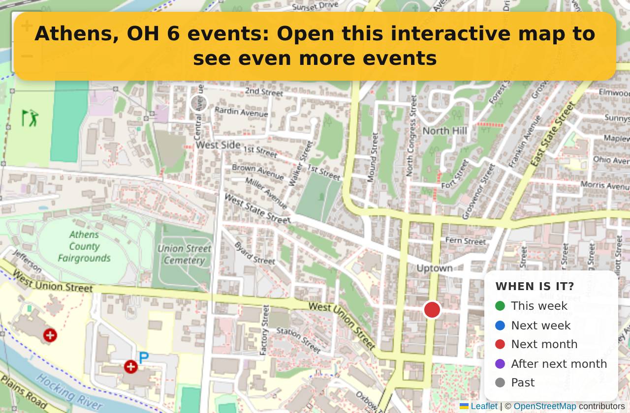 Map of events in Athens, OH on the interactive EVENTULIST map
