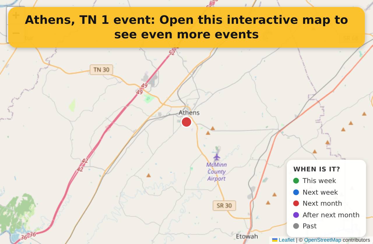 Map of events in Athens, TN on the interactive EVENTULIST map
