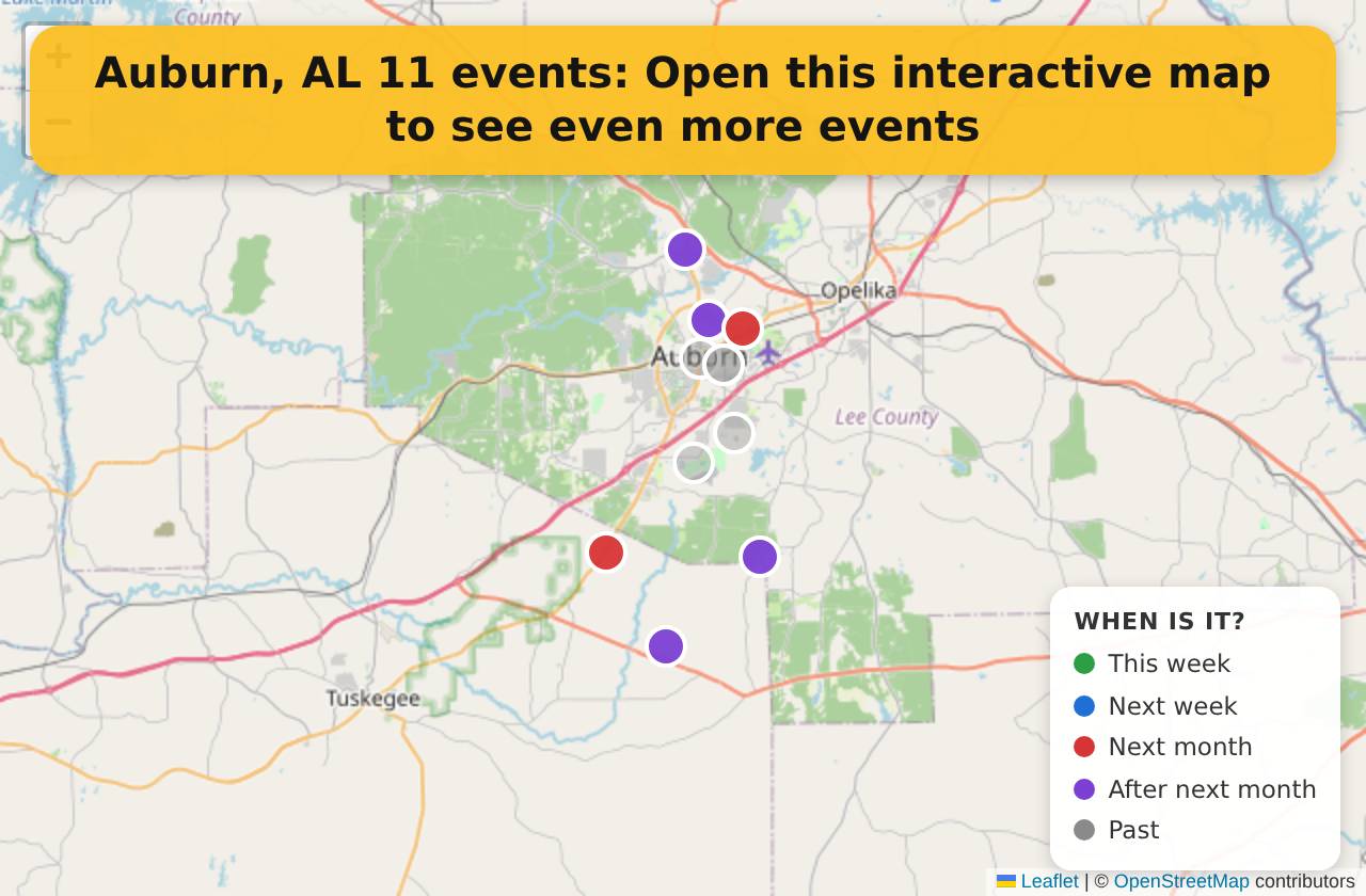 Map of events in Auburn, AL on the interactive EVENTULIST map