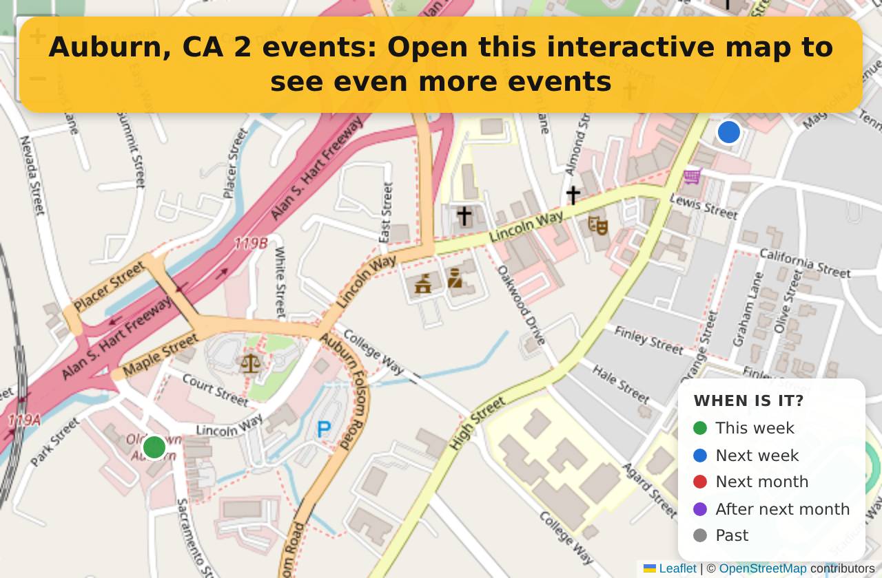 Map of events in Auburn, CA on the interactive EVENTULIST map