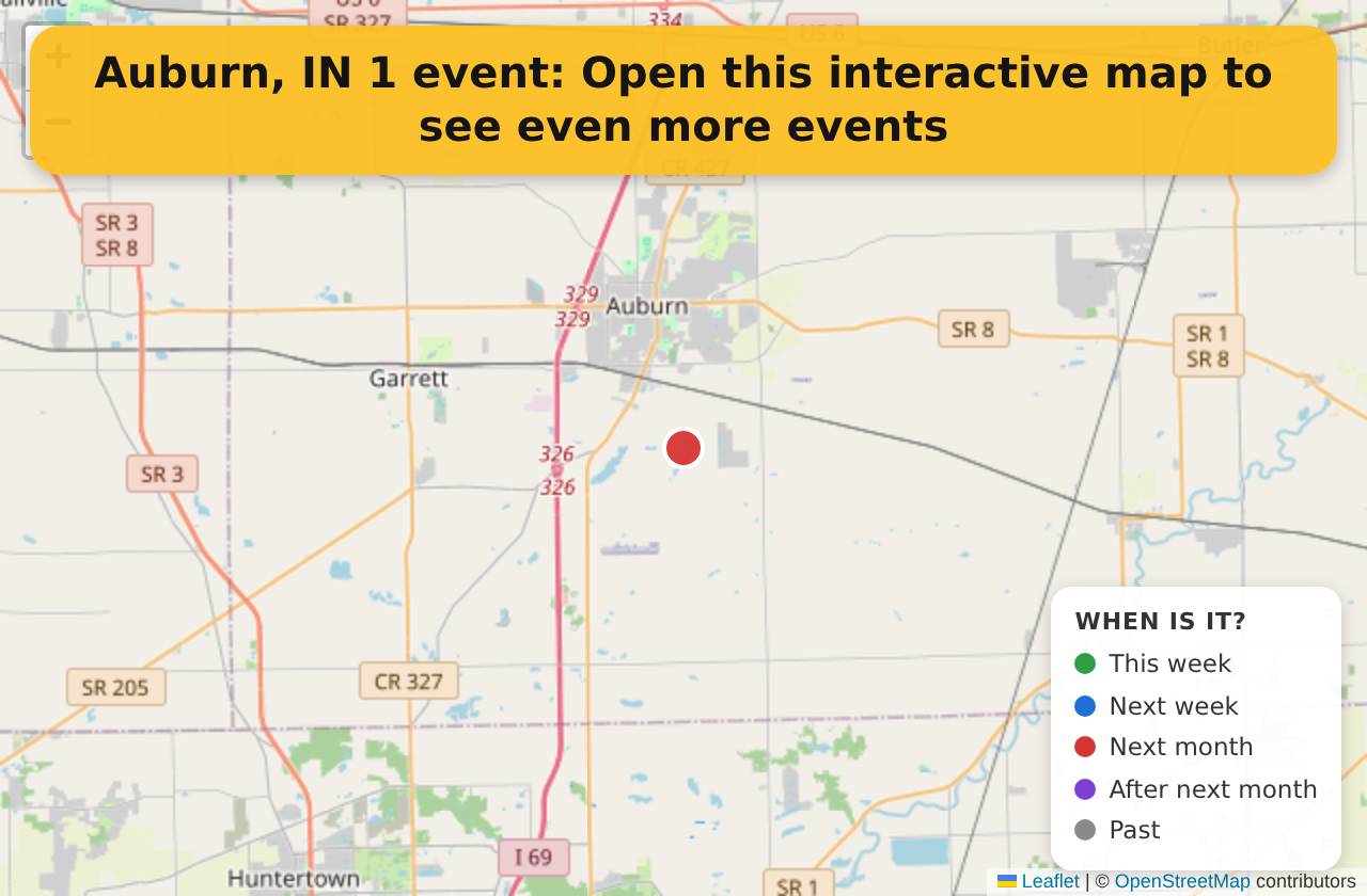 Map of events in Auburn, IN on the interactive EVENTULIST map