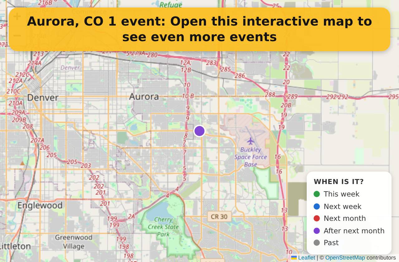 Map of events in Aurora, CO on the interactive EVENTULIST map