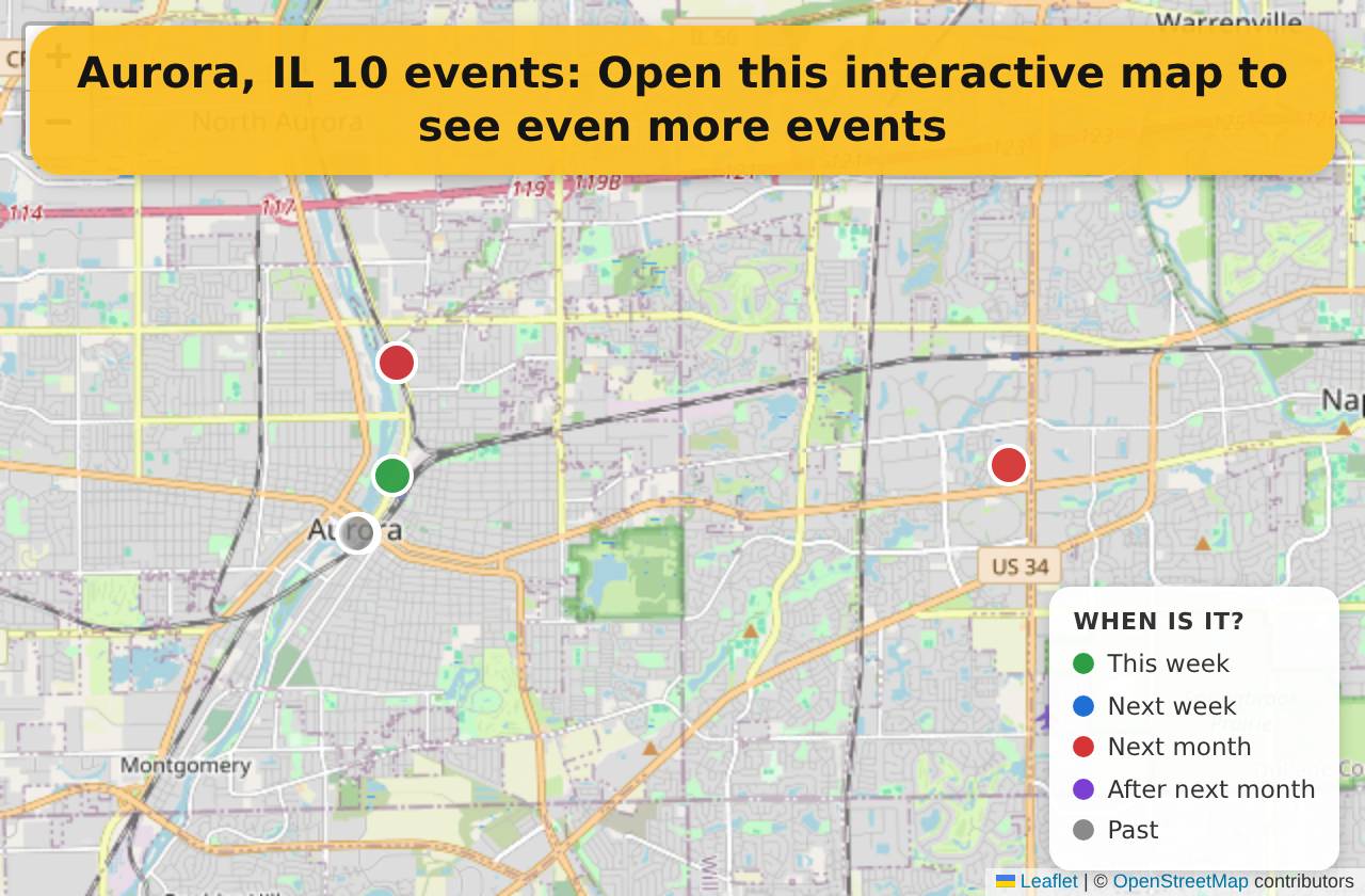 Map of events in Aurora, IL on the interactive EVENTULIST map