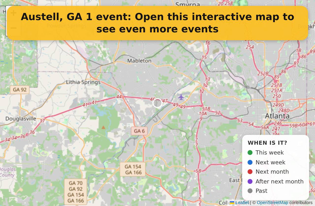 Map of events in Austell, GA on the interactive EVENTULIST map