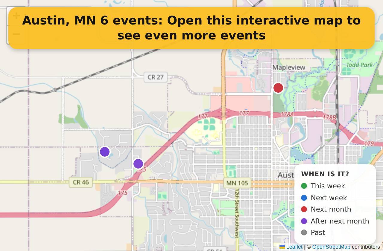 Map of events in Austin, MN on the interactive EVENTULIST map