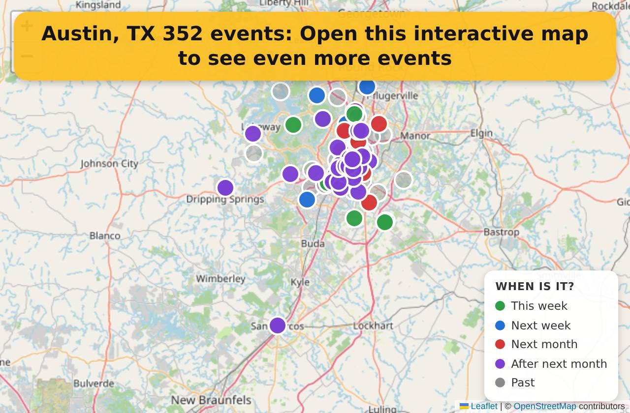 Map of events in Austin, TX on the interactive EVENTULIST map