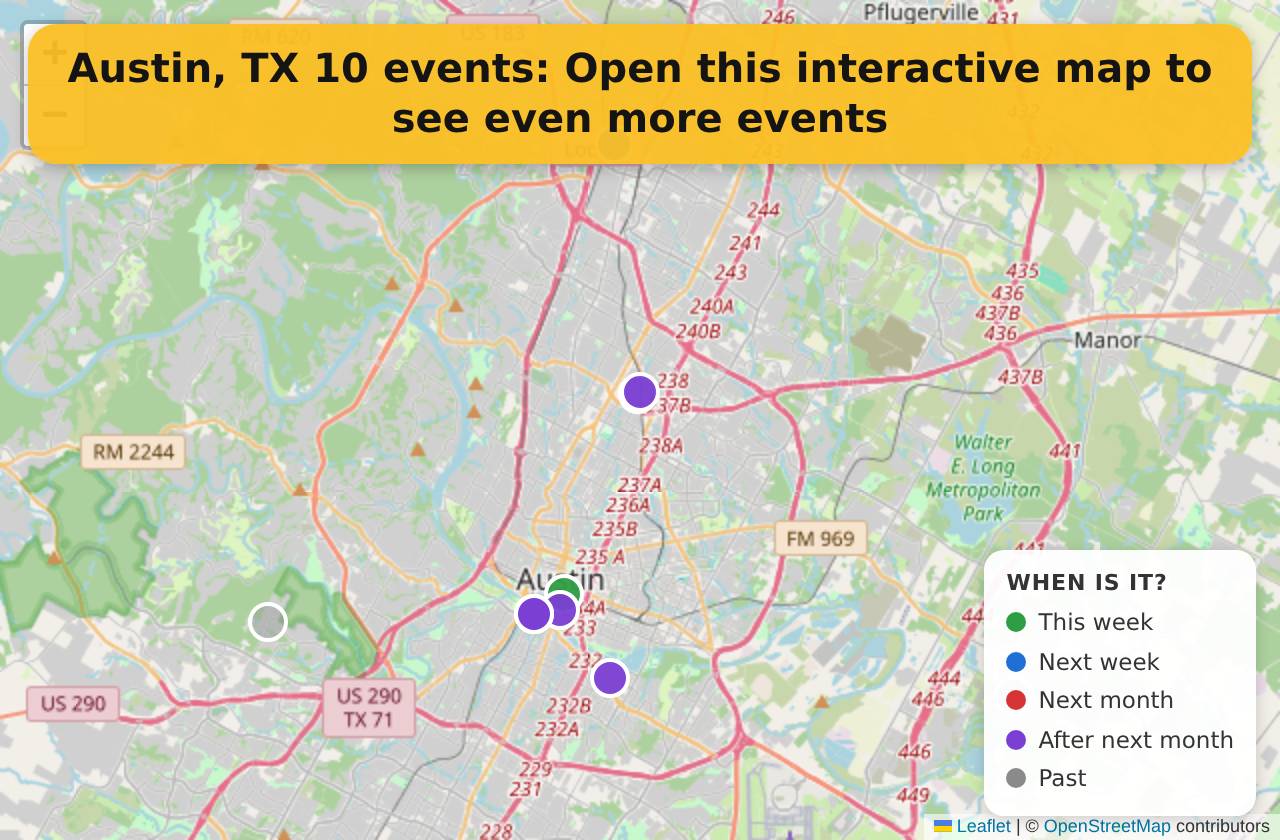 Map of events in Austin, TX on the interactive EVENTULIST map