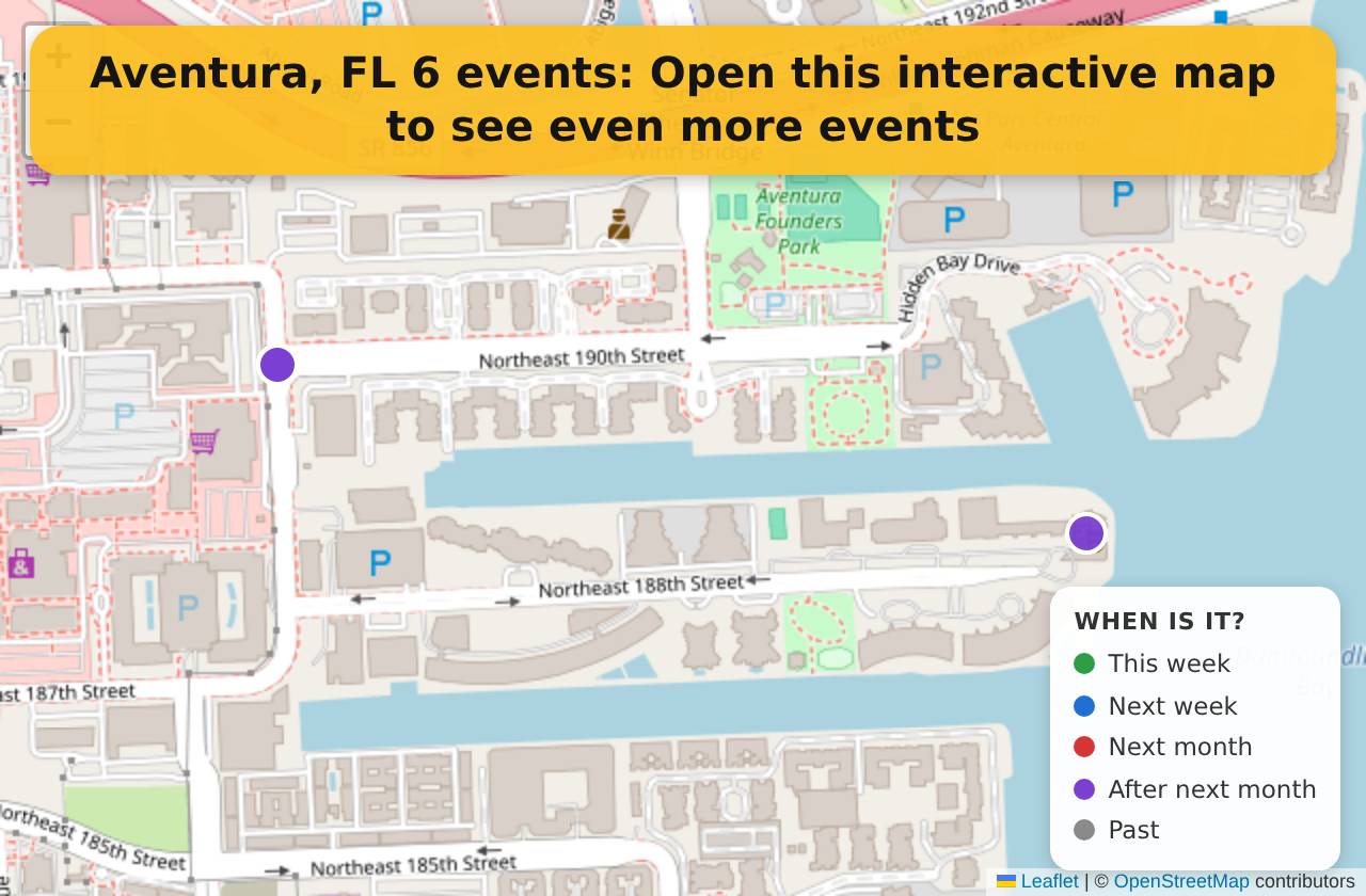 Map of events in Aventura, FL on the interactive EVENTULIST map