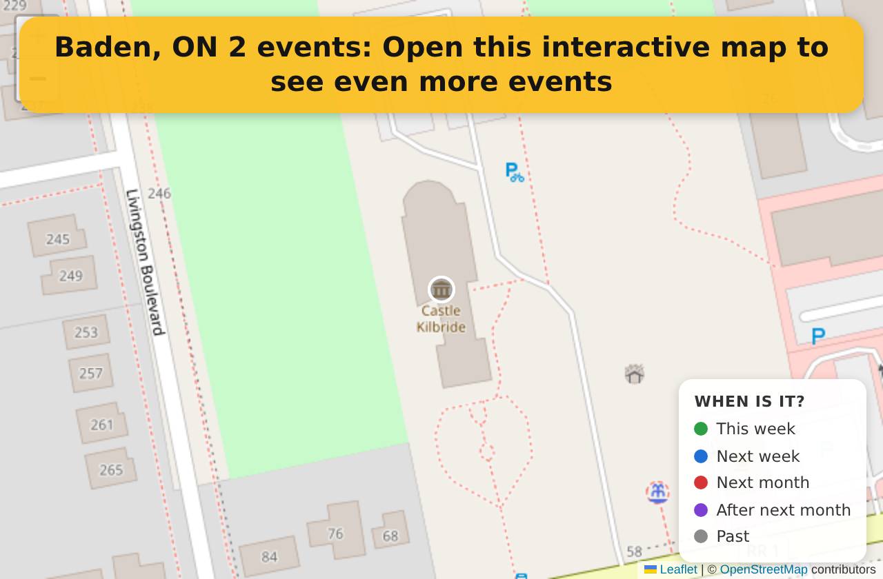 Map of events in Baden, ON on the interactive EVENTULIST map