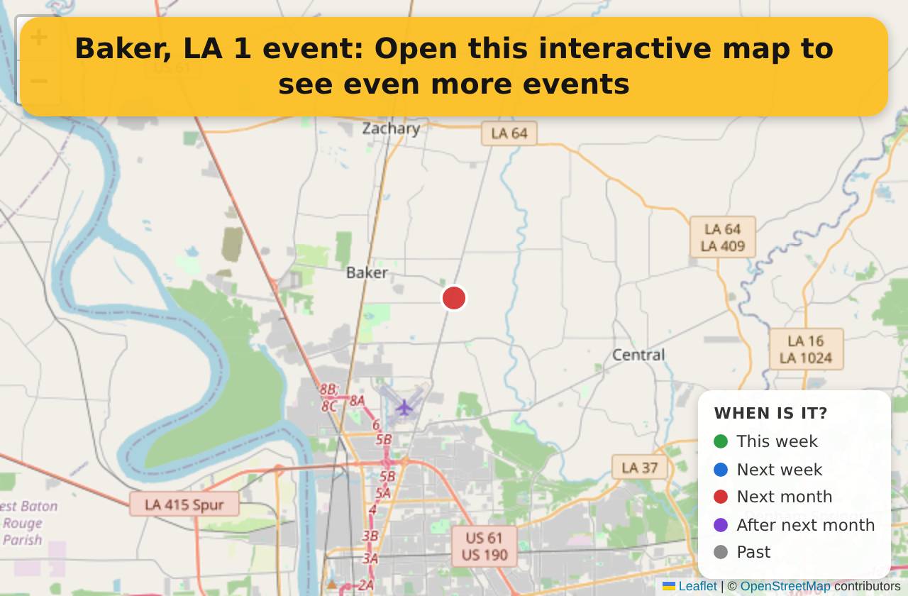 Map of events in Baker, LA on the interactive EVENTULIST map